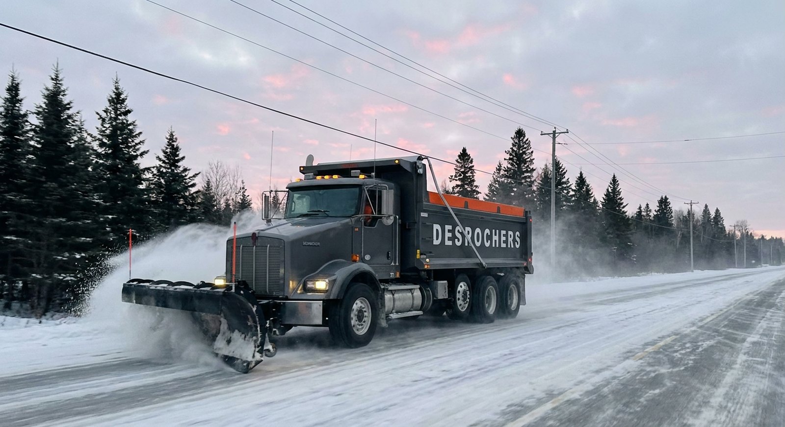 Camion de déneigement Desrochers sur une route enneigée en Abitibi à l'aube